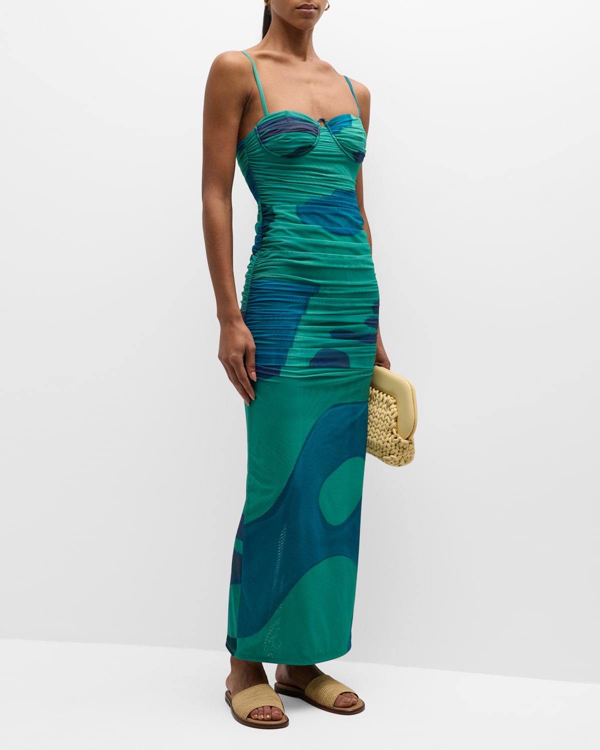 Sir Frankie Ruched Balconette Midi Dress In Emerald Reflectio