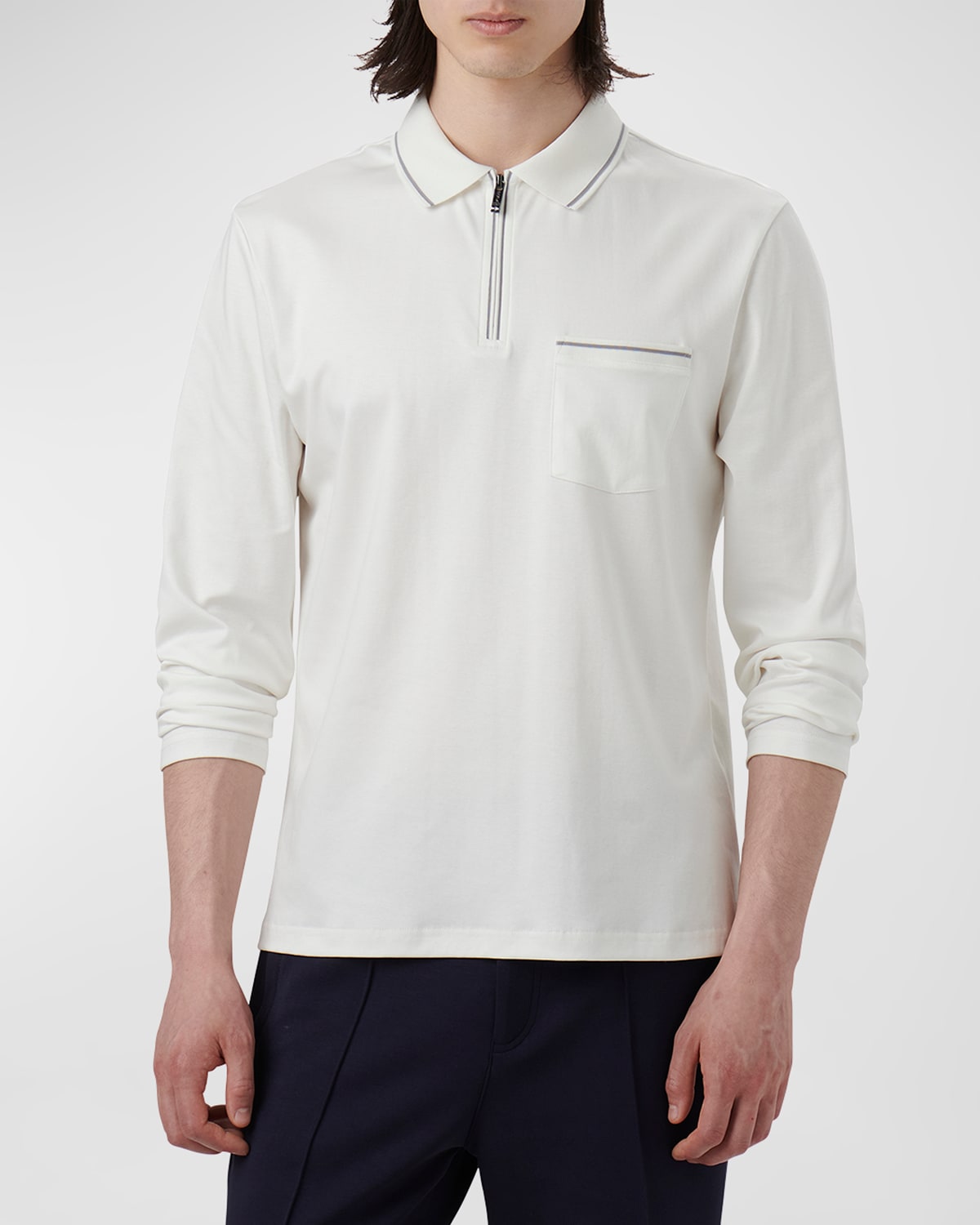 Bugatchi Men's Quarter-zip Long-sleeve Polo Shirt In Chalk