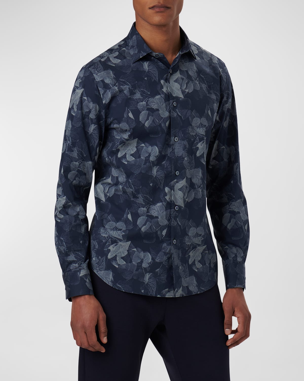 Shop Bugatchi Men's Axel Leaf-print Sport Shirt In Navy