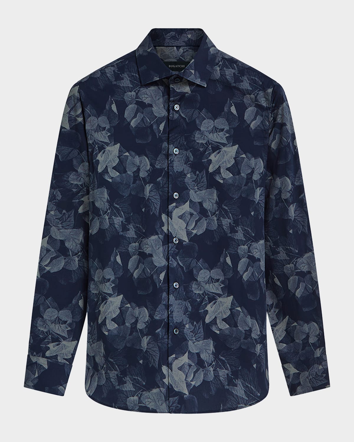 Bugatchi Axel Leaf Print Stretch Cotton Button-up Shirt In Navy