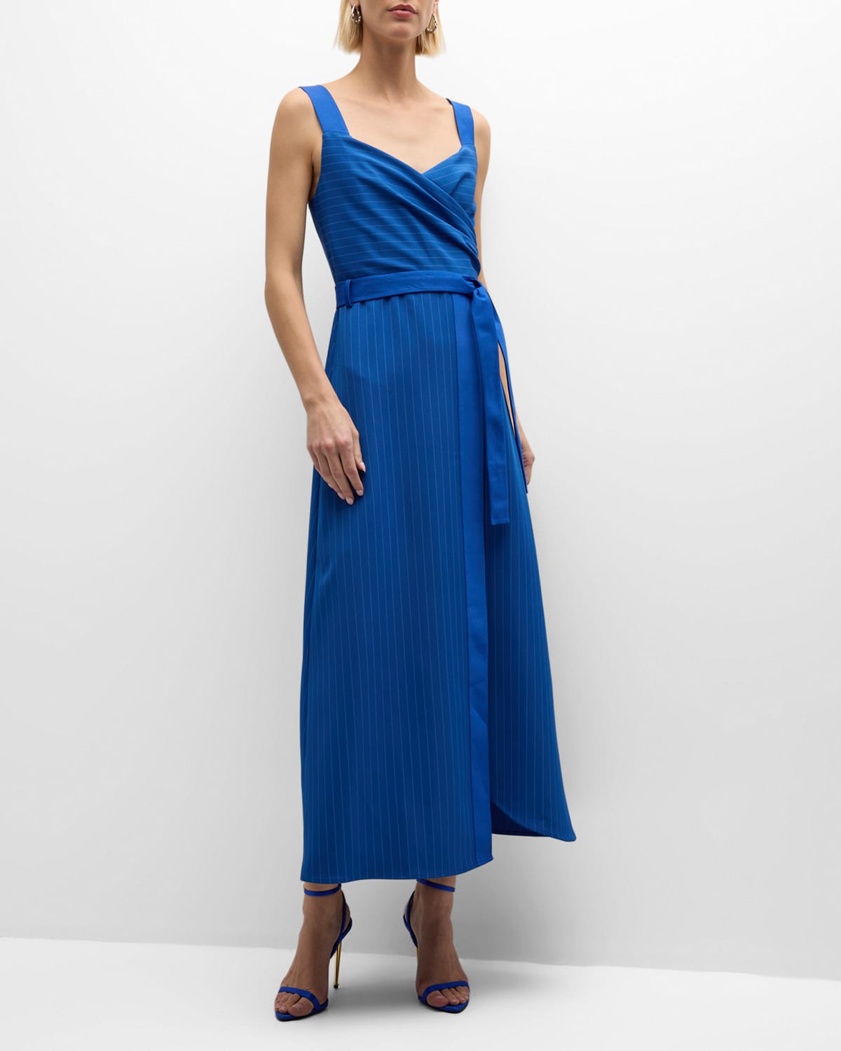 Shop Emporio Armani Sleeveless Striped Asymmetric Maxi Dress In Marine Blue
