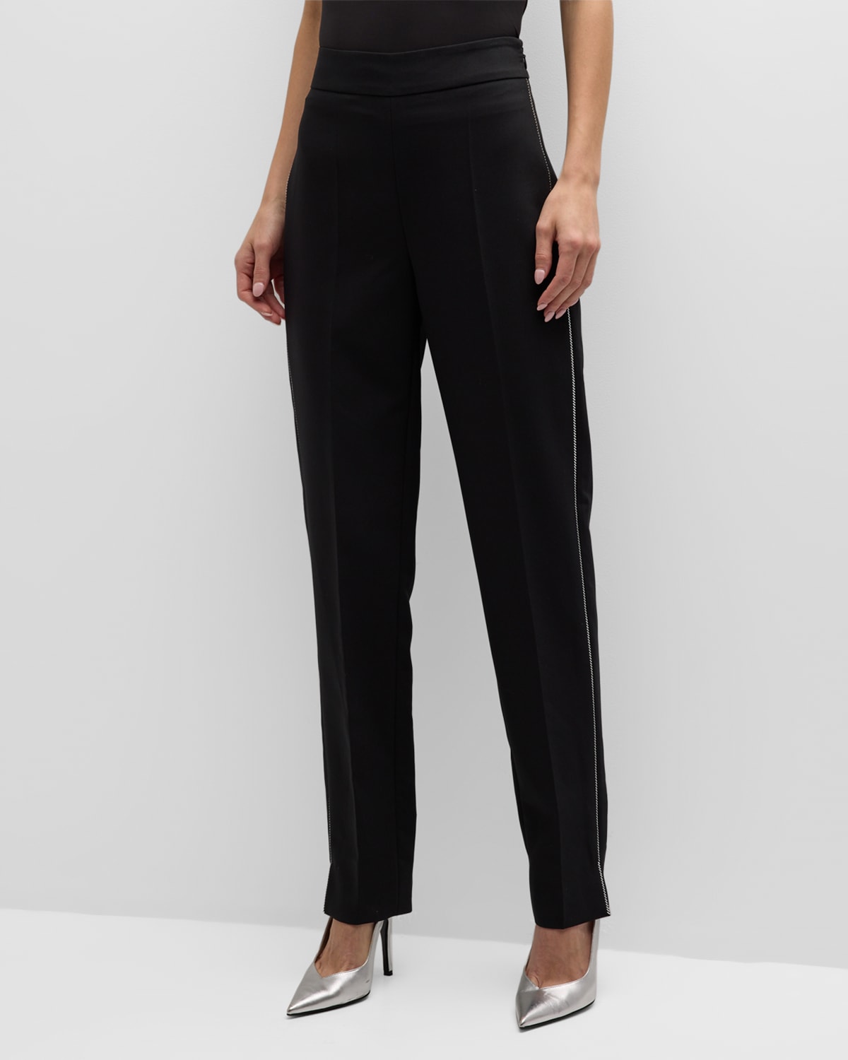 Emporio Armani Embellished High-rise Tapered Cady Trousers In Solid Black