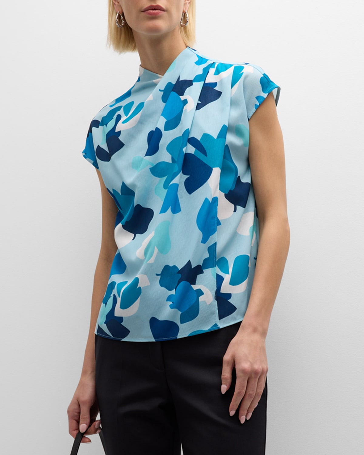 Emporio Armani Pleated Cap-sleeve Abstract-print Blouse In Lightblue