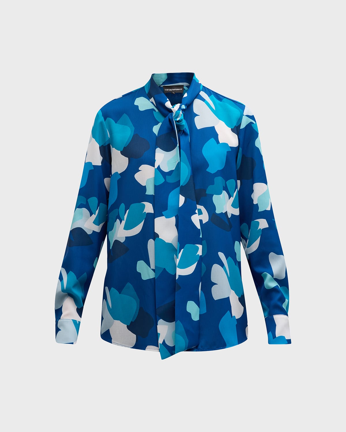 Emporio Armani Tie-neck Abstract-print Crepon Blouse In Dark Blue