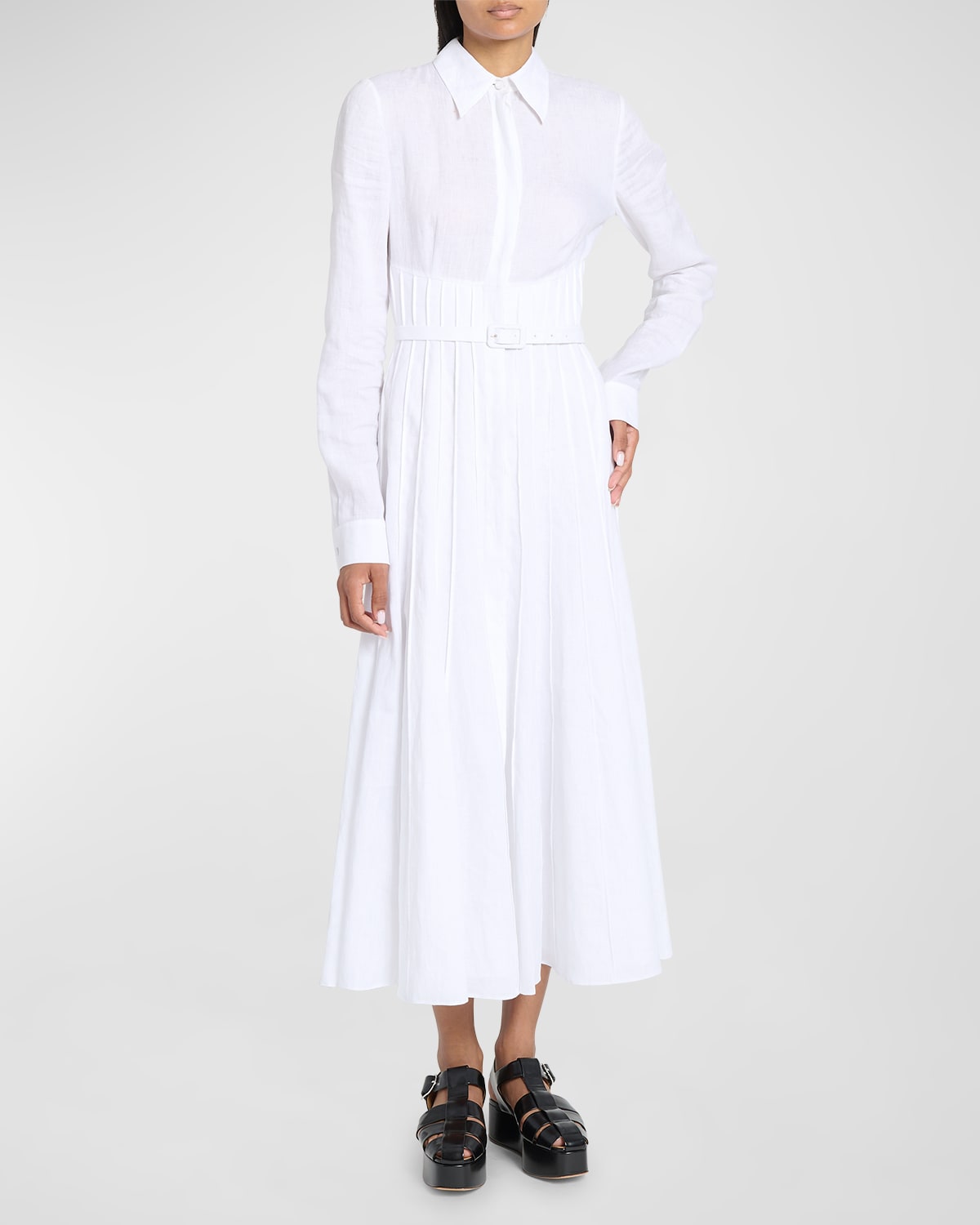 Shop Gabriela Hearst Dewi Pleated Shirtdress With Belt In White