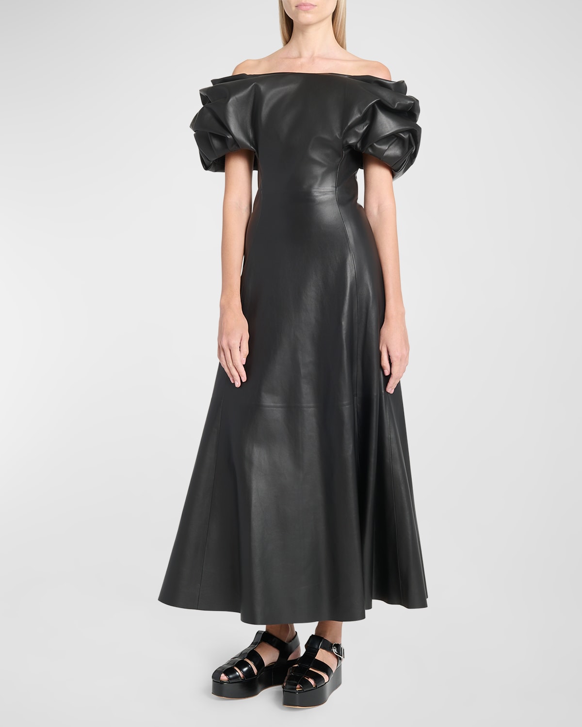 Gabriela Hearst Gwyneth Puff-sleeve Off-the-shoulder Leather Maxi Dress In Black