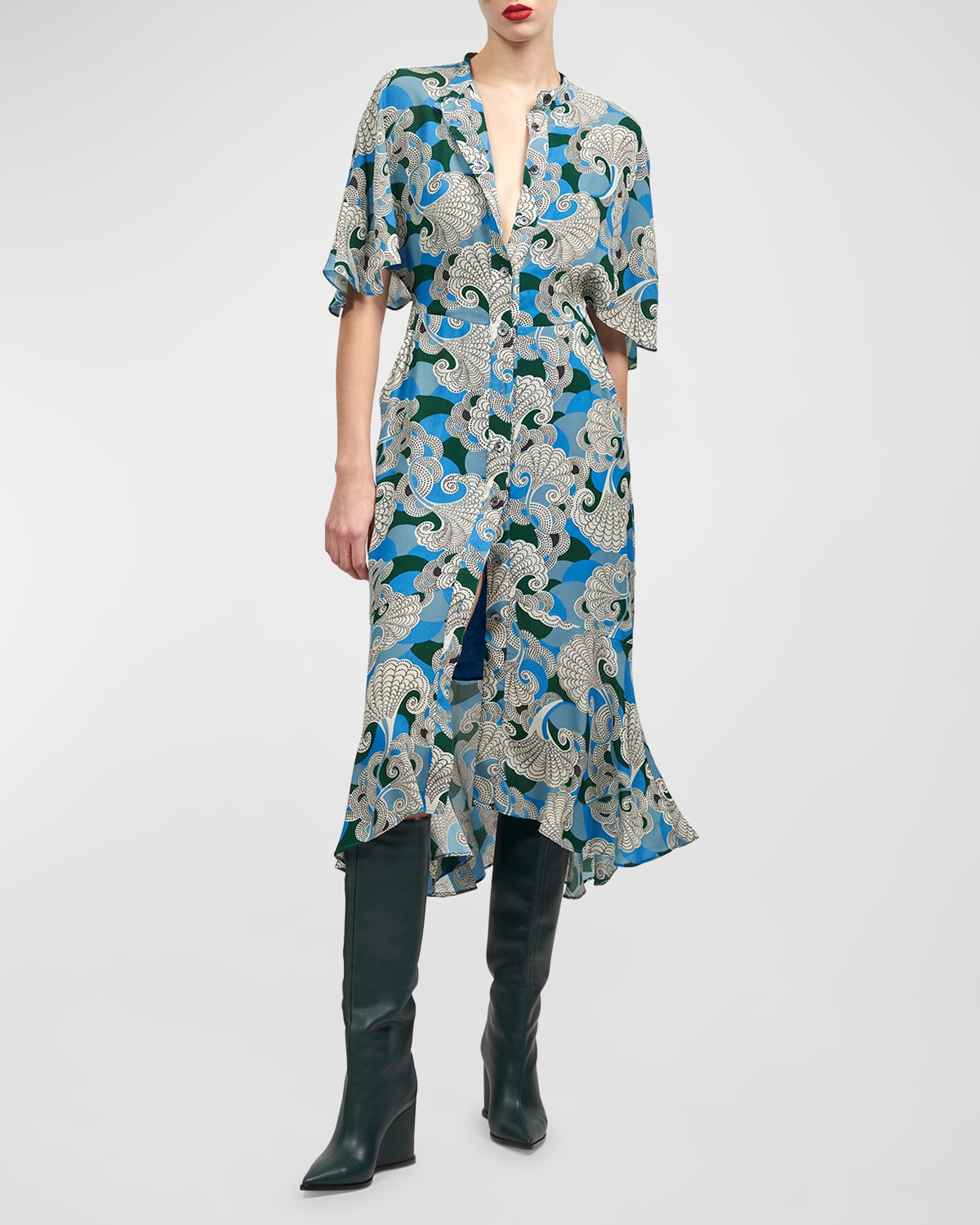 Nicolette Swirl-Print Flutter-Sleeve Midi Dress