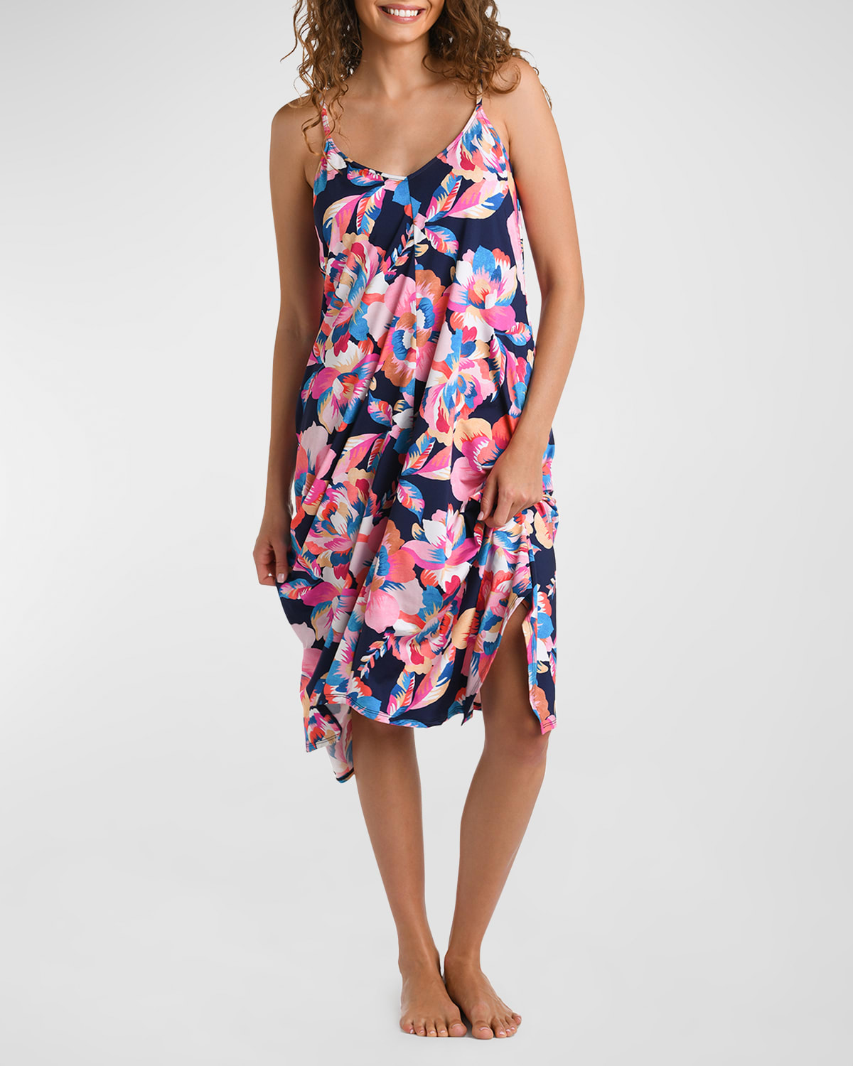 Shop La Blanca Floral Handkerchief-hem Midi Dress In Indigo