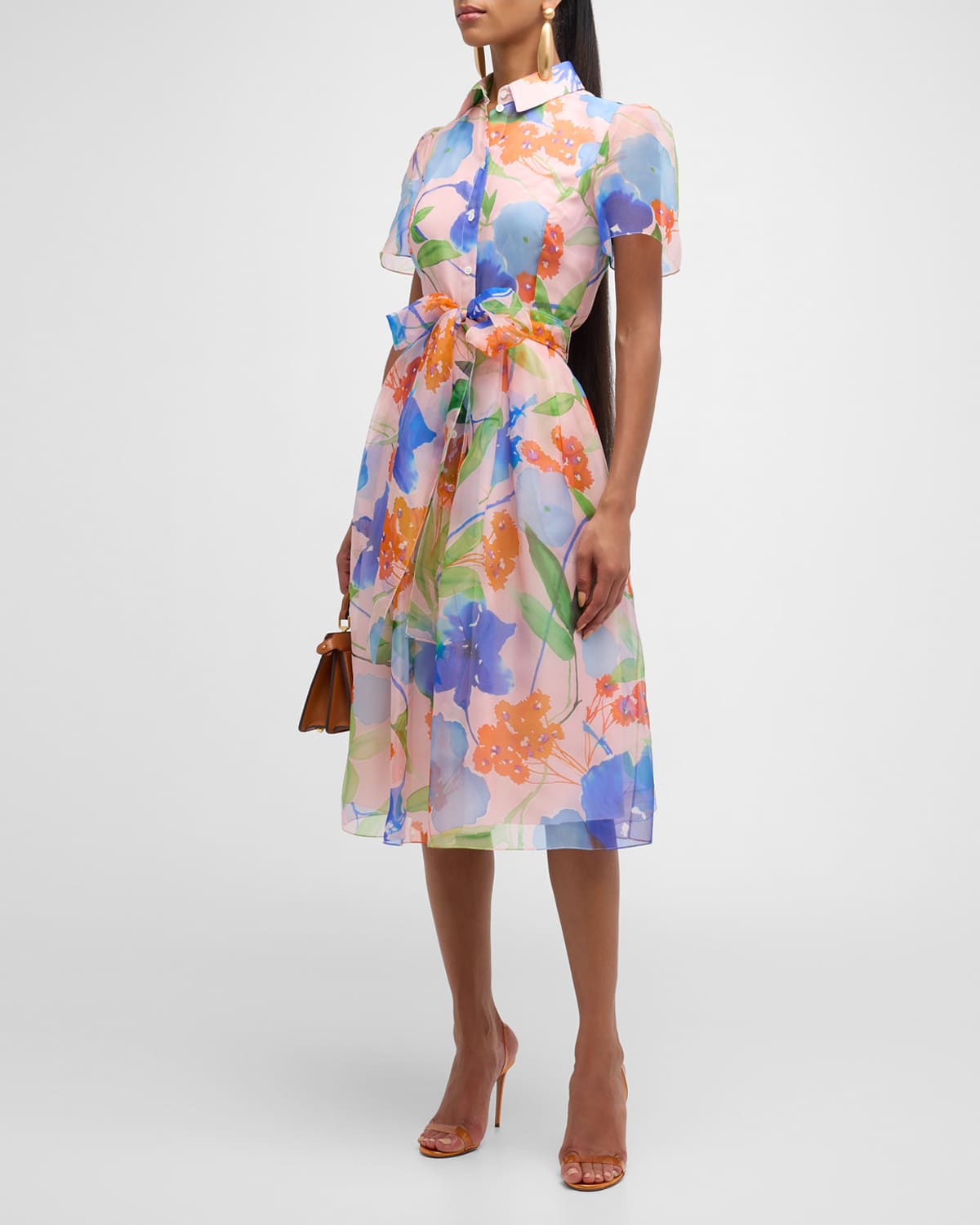 Shop Carolina Herrera Button-front Floral-print Midi Dress With Tie Belt In Blush Multi
