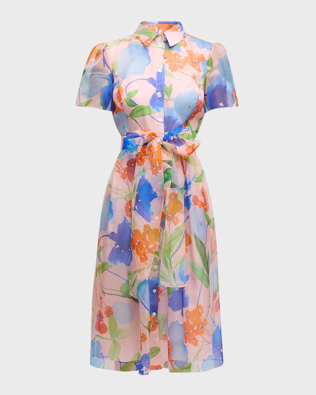 Carolina Herrera Button-front Floral-print Midi Dress With Tie Belt In Blush Multi