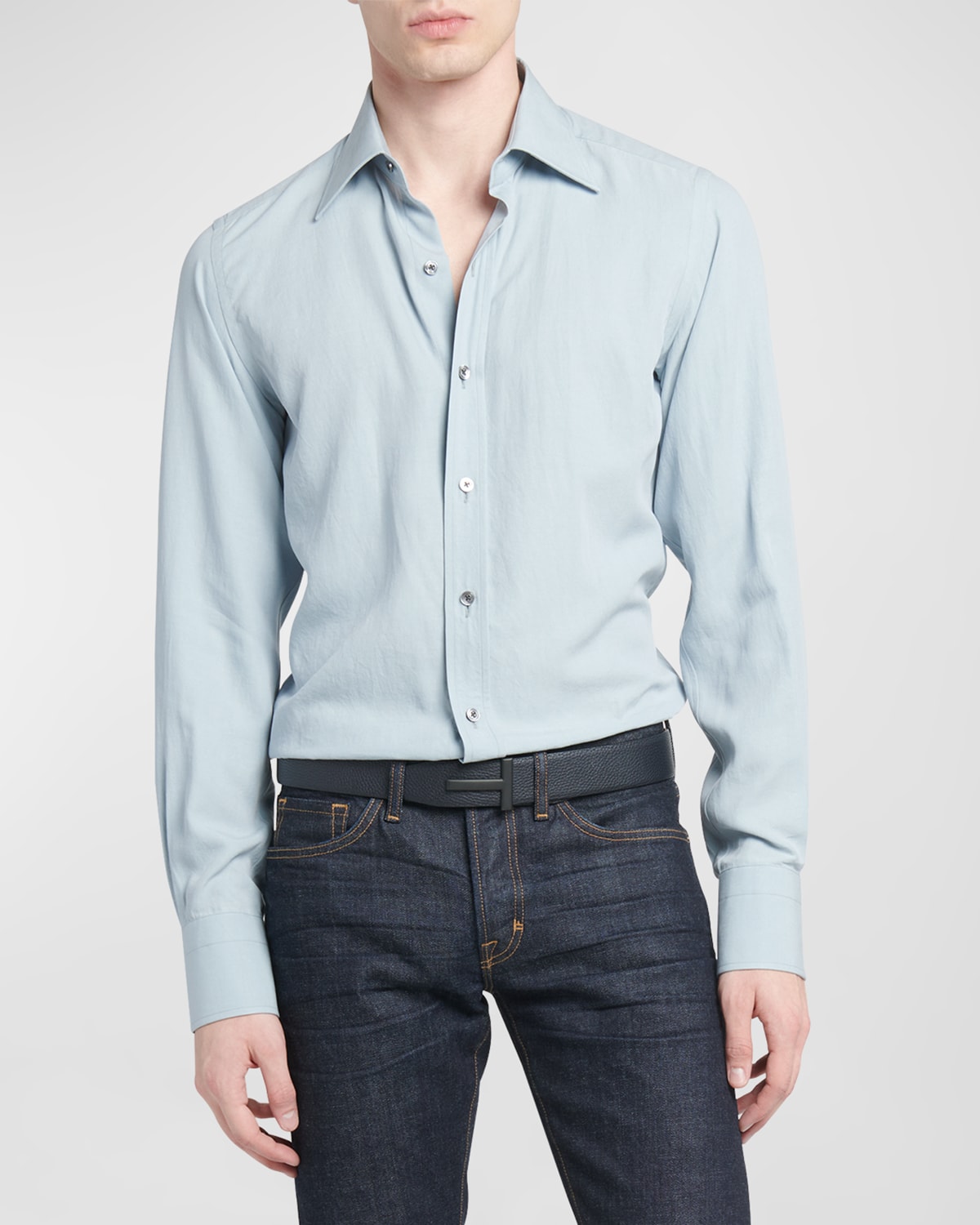 Tom Ford Men's Lyocell And Silk Slim-fit Sport Shirt In Silver Blu