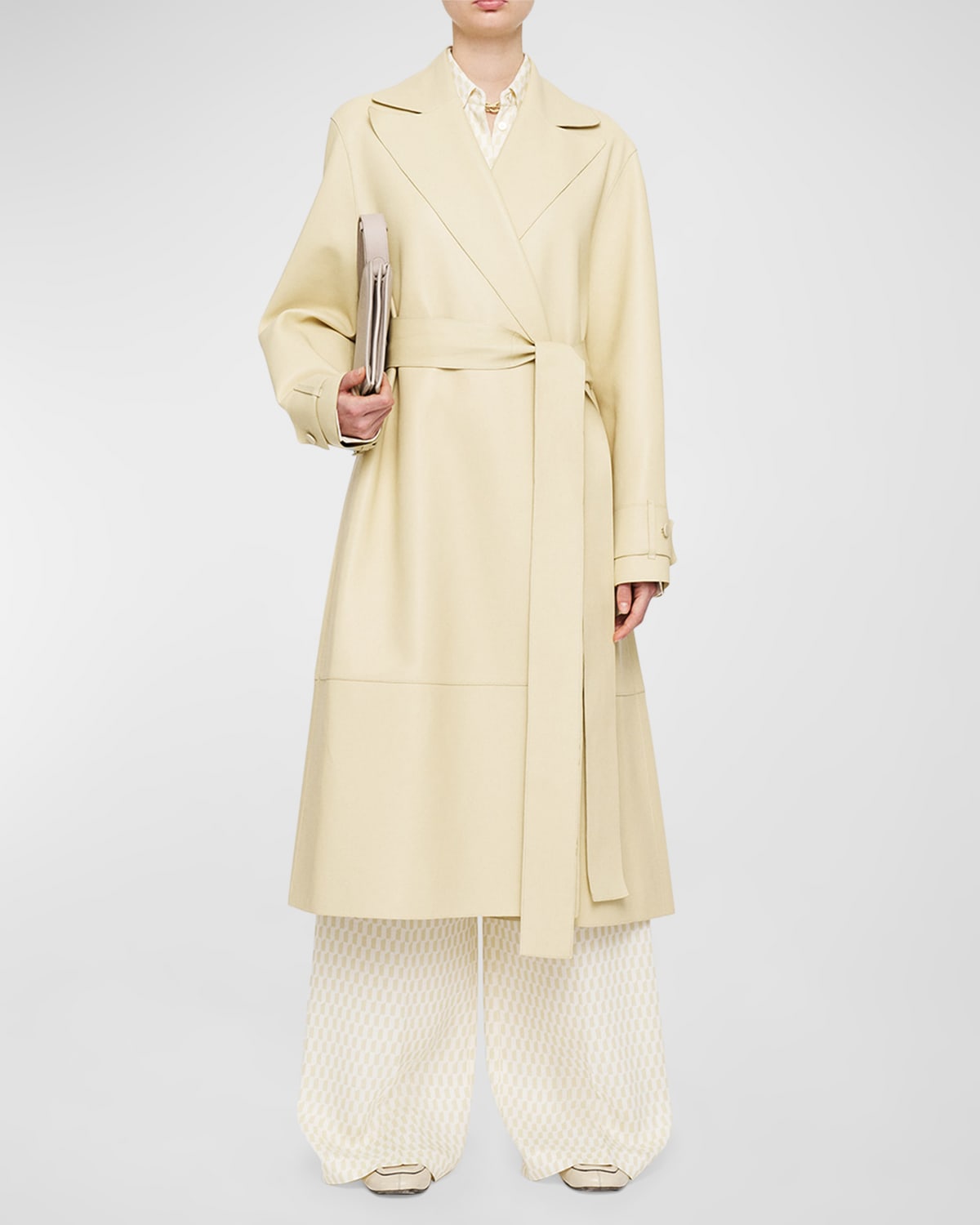 Shop Joseph Courty Belted Leather Wrap Coat In Pale Olive