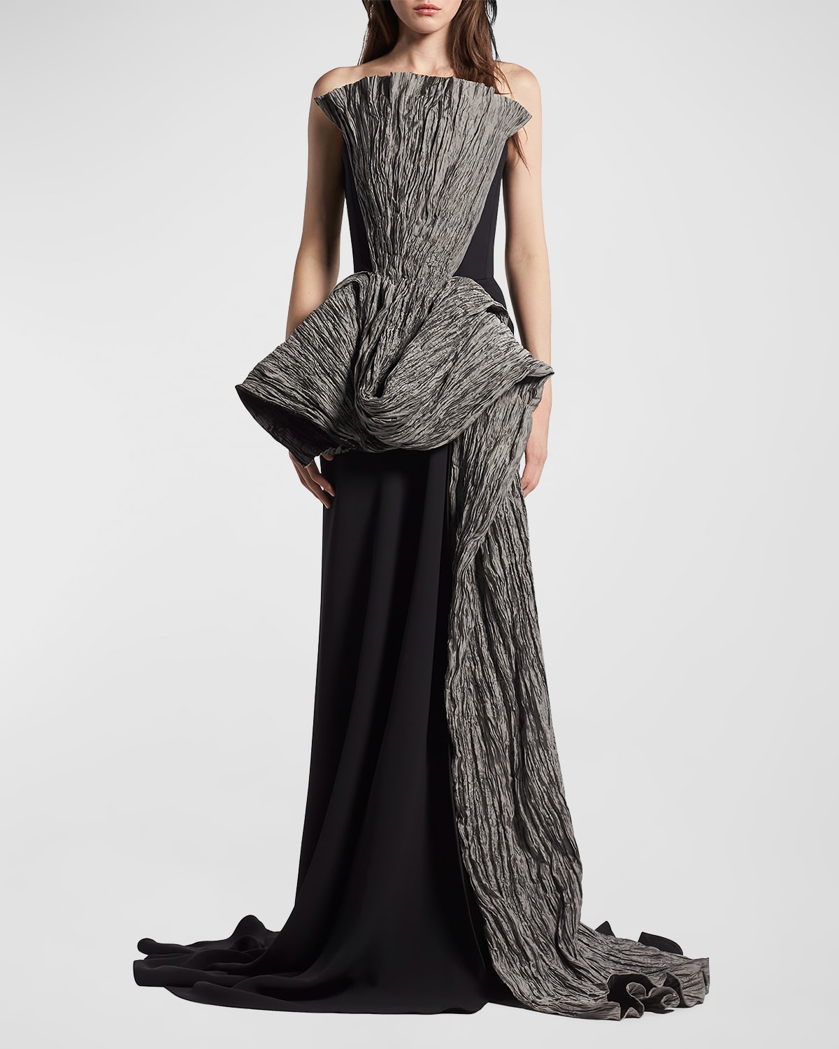 Shop Maticevski Ozone Gown With Pleated Drape Detail In Black Slate
