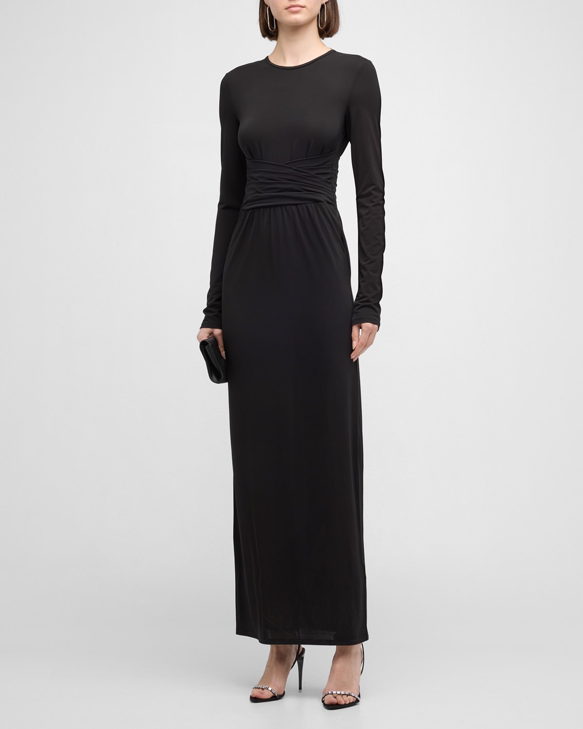 Emporio Armani Pleated Long-sleeve Jersey Column Gown In Solid Black