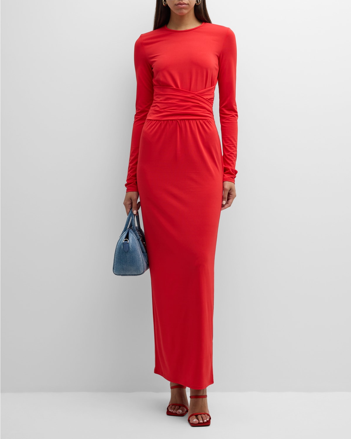 Emporio Armani Pleated Long-sleeve Jersey Column Gown In Red