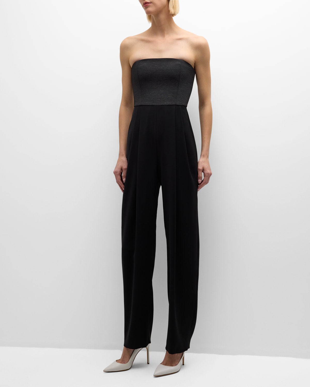 Emporio Armani Strapless Ribbed Techno Cady Jumpsuit In Solid Black