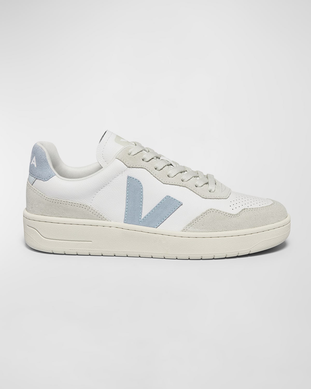 Shop Veja V-90 Mixed Leather Low-top Sneakers In Extra White Steel