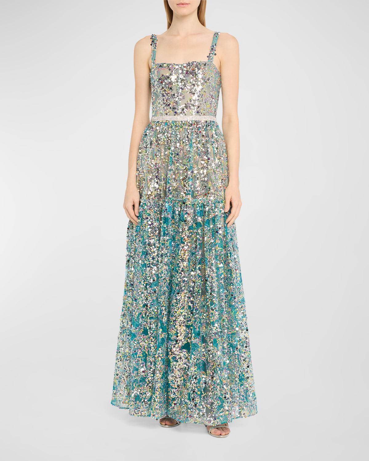 Midnight Sleeveless Sequin Square-Neck Gown
