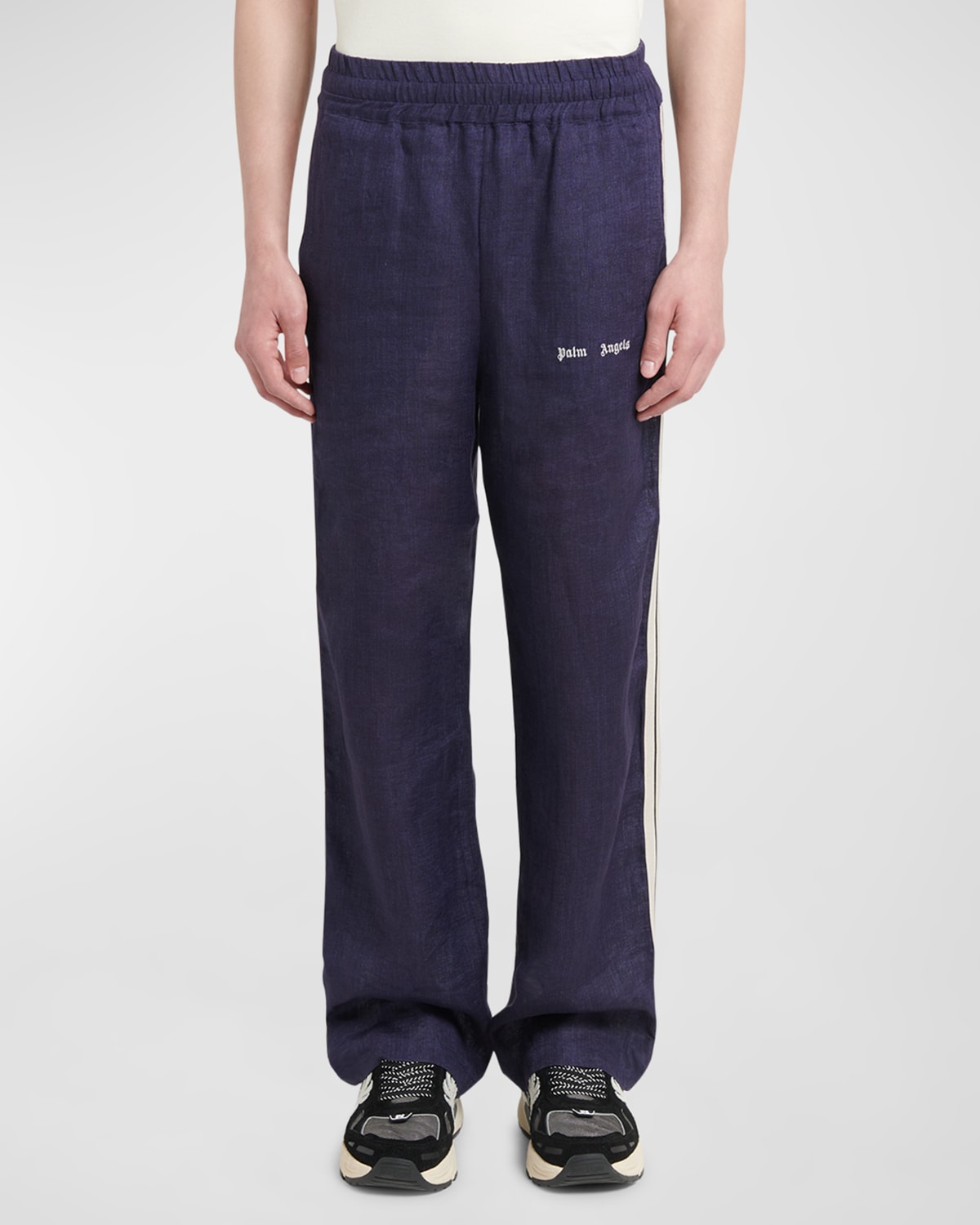 Shop Palm Angels Men's Classic Logo Linen-blend Track Pants In Navy Blue