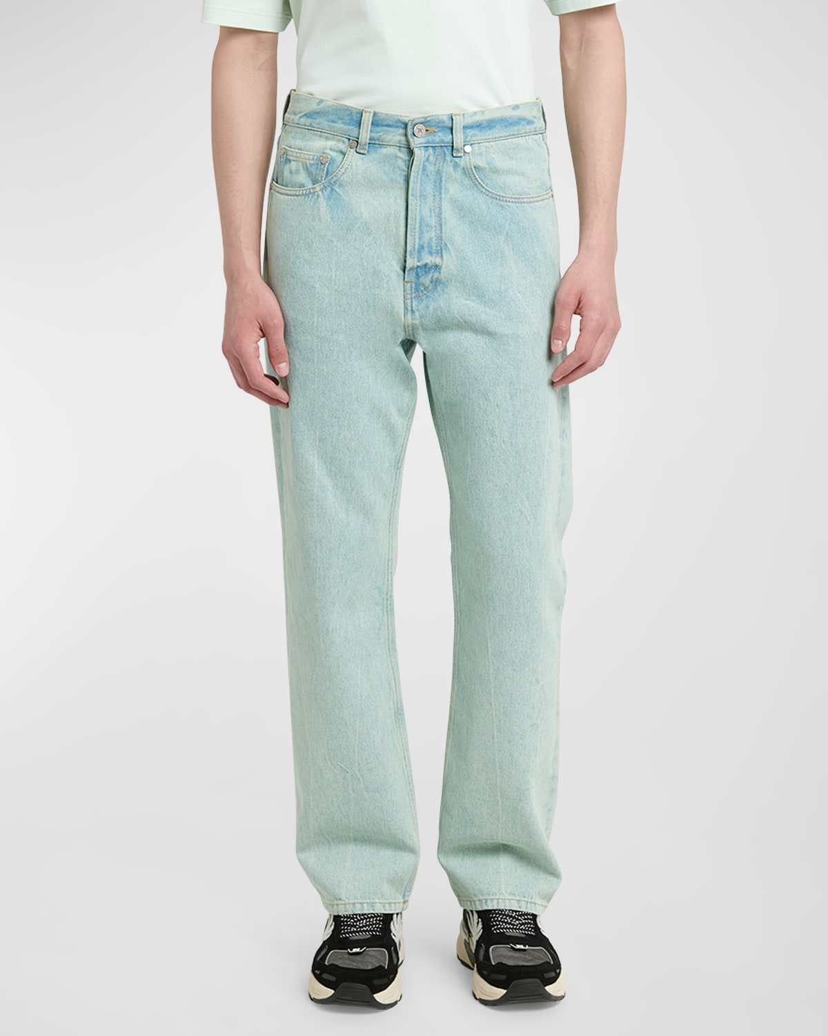 Shop Palm Angels Men's Overdyed Logo Straight-leg Jeans In Mint Off White