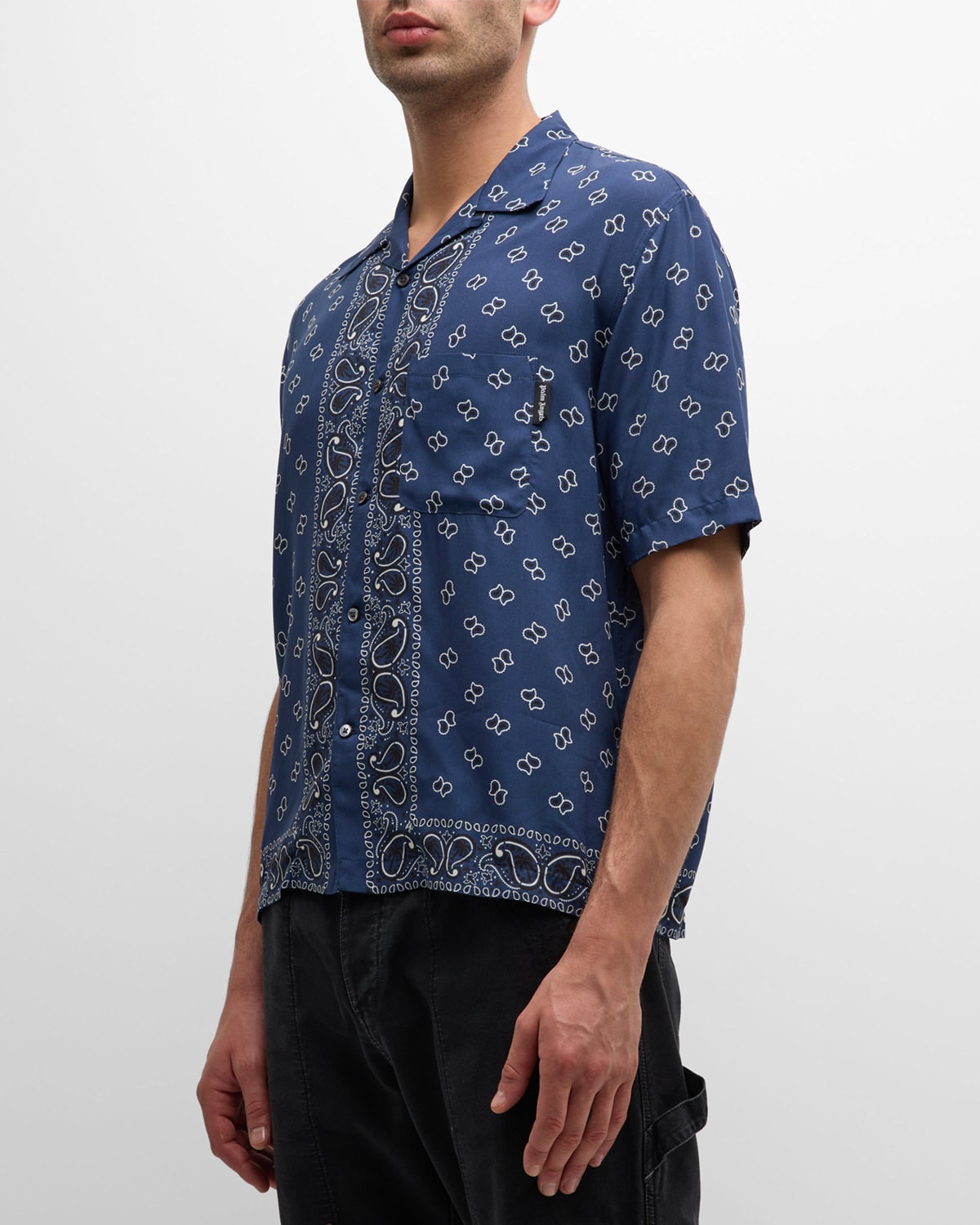 Shop Palm Angels Men's Paisley Bowling Shirt In Navy Blue