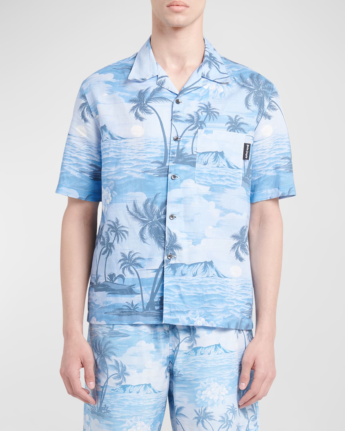 Shop Palm Angels Men's Sunset Bowling Shirt In Indigo Blue