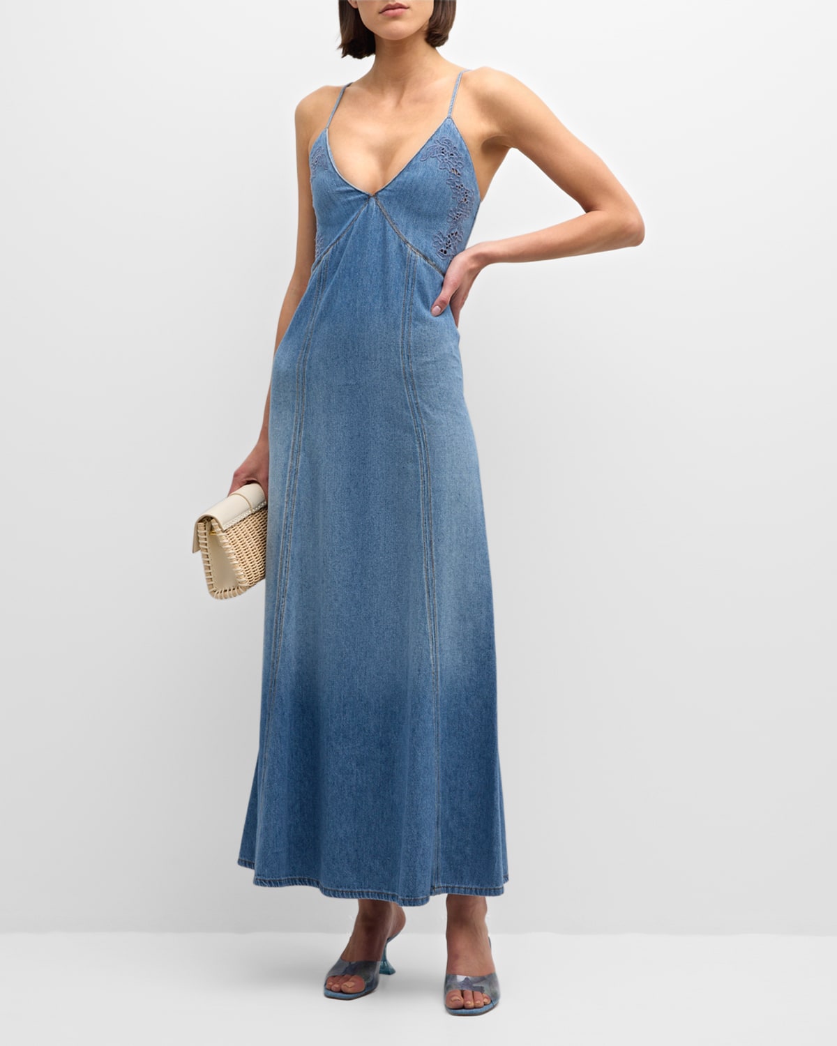 Denim Maxi Dress with Eyelet Embroidery