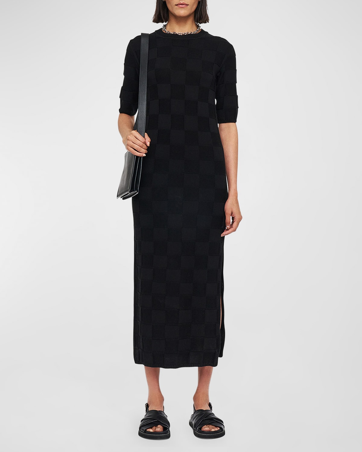 Side-Slit Vichy Knit Midi Sweater Dress