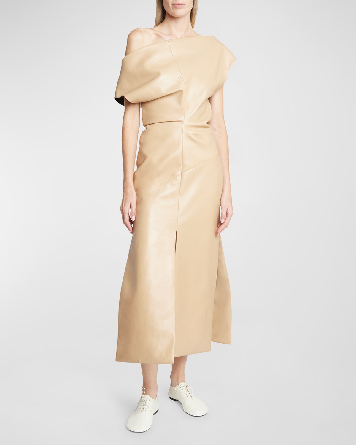 Proenza Schouler Rosa Off-shoulder Leather Dress In Light Khaki