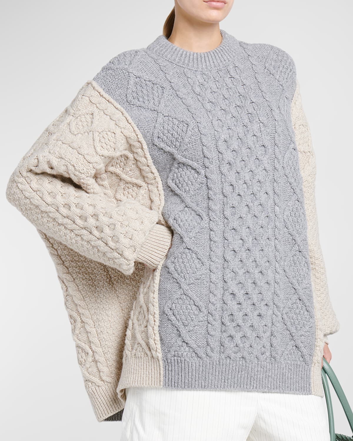 Shop Bottega Veneta Aran Patchwork Cable-knit Crewneck Sweater In Beige