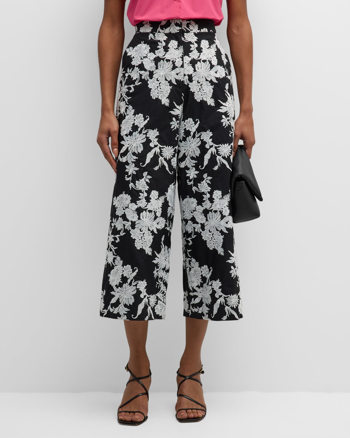 Shop Natori Tangier Cropped Floral-embroidered Twill Pants In Black Multi