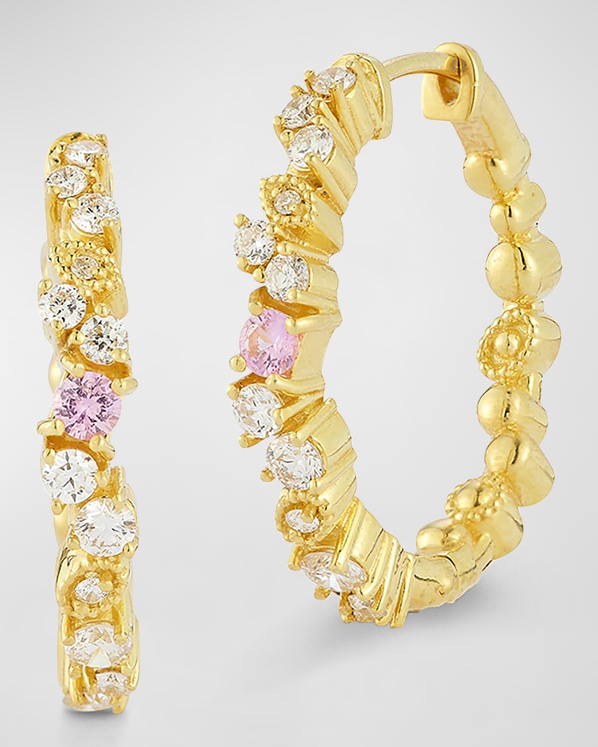 18k Yellow Gold Sunburst Pink Sapphire & Diamond Confetti Hoop Earrings
