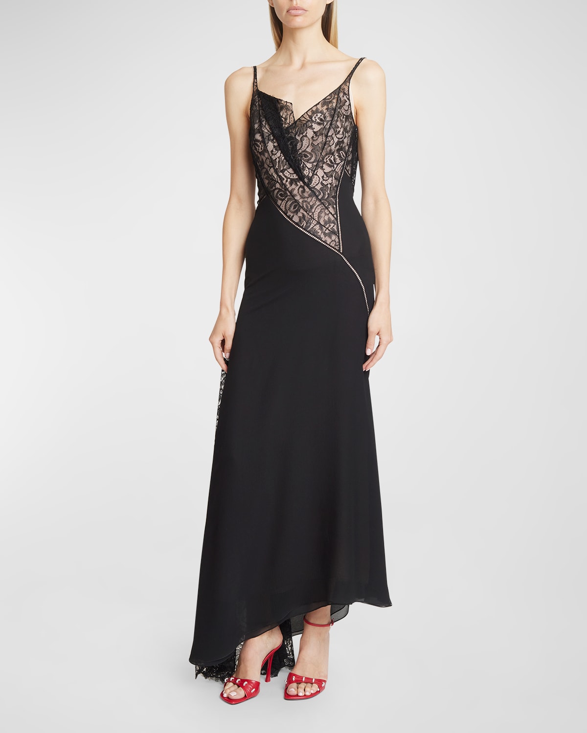 Shop Givenchy Asymmetric Cowl Gown With Lace Detail In Black