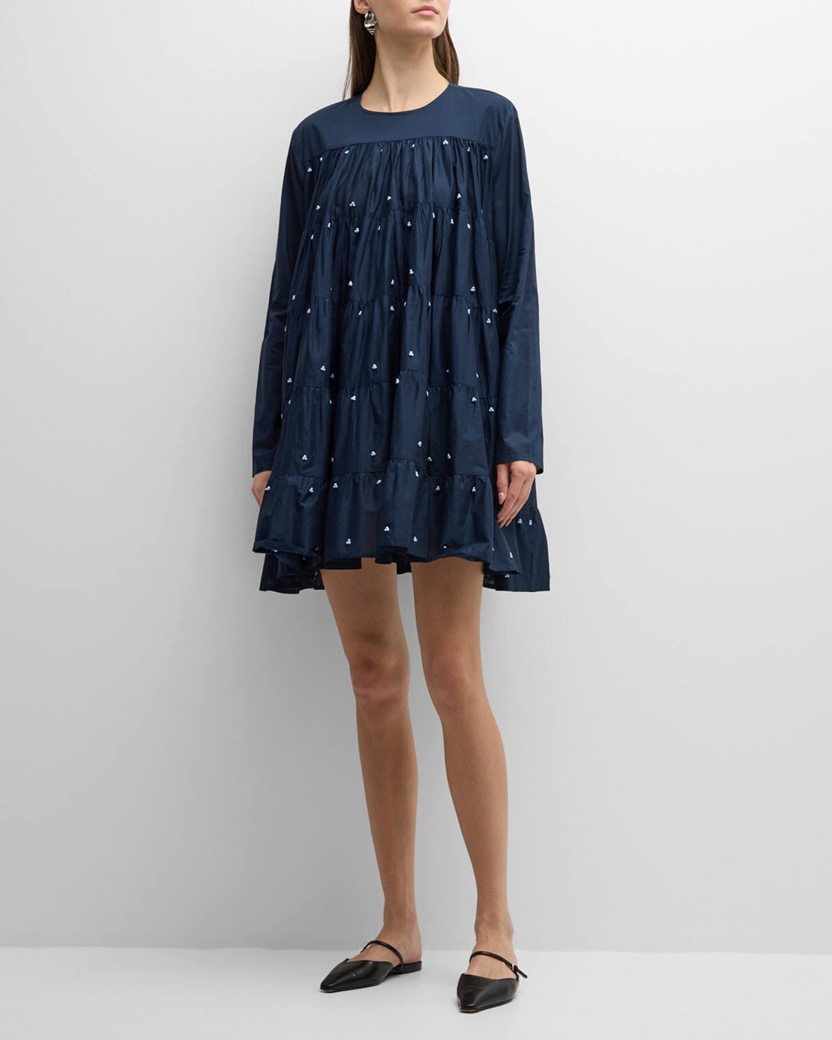 Shop Merlette Soliman Embroidered Tiered Trapeze Mini Dress In Navy Light Blue