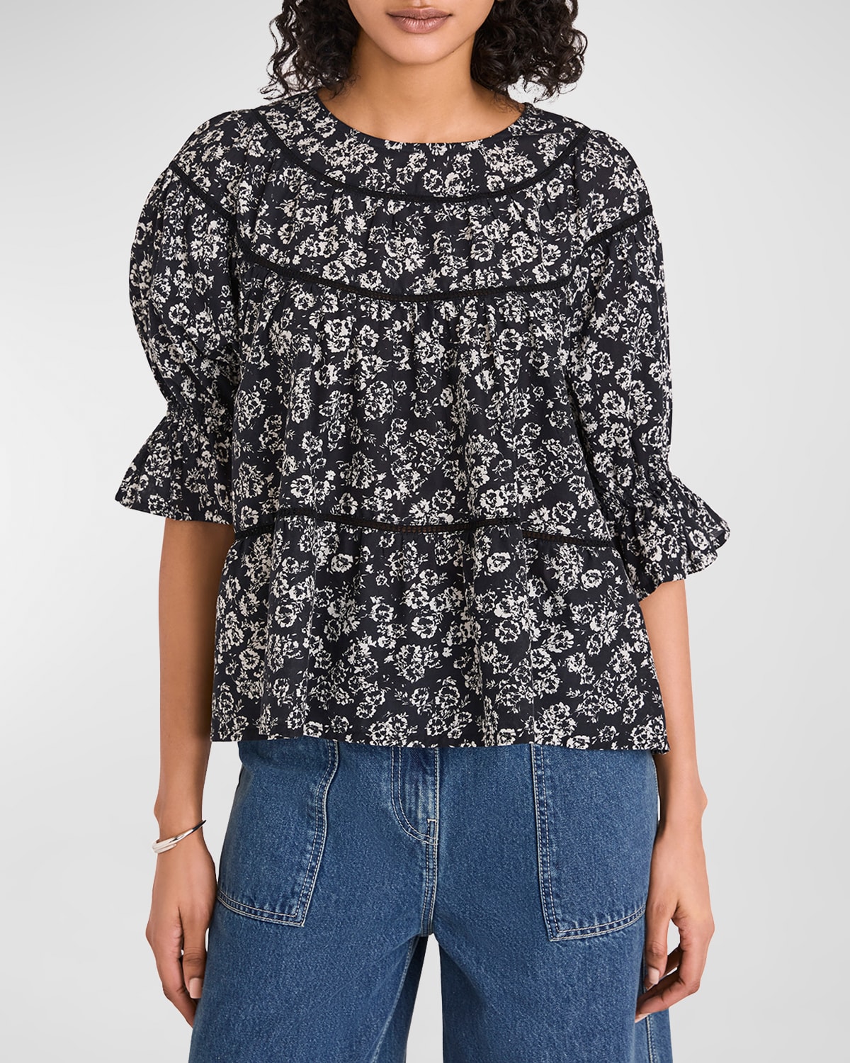 MERLETTE SOL FLORAL-PRINT PUFF-SLEEVE COTTON LAWN TOP