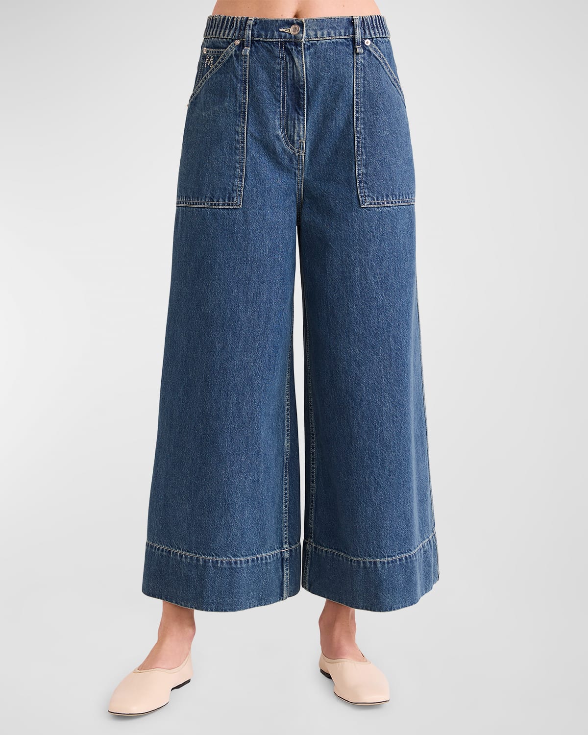 Shop Merlette Violette Cropped Wide-leg Denim Pants In Mid-blue Wash