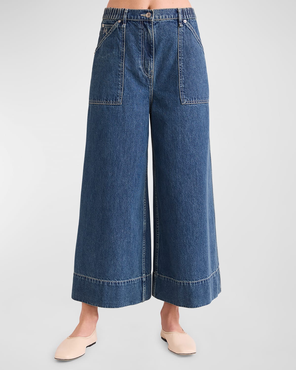 Merlette Violette Cropped Wide-leg Denim Pants In Mid-blue Wash