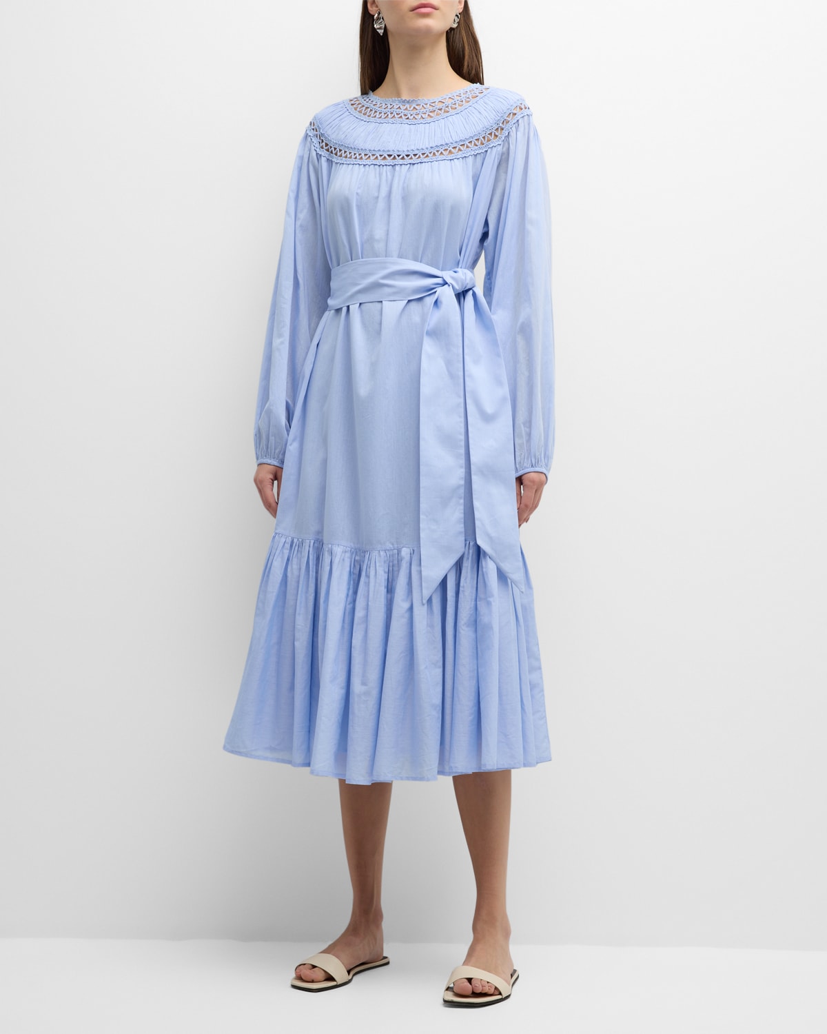Merlette Verlaine Lace-inset Cotton Voile Midi Dress In Chambray