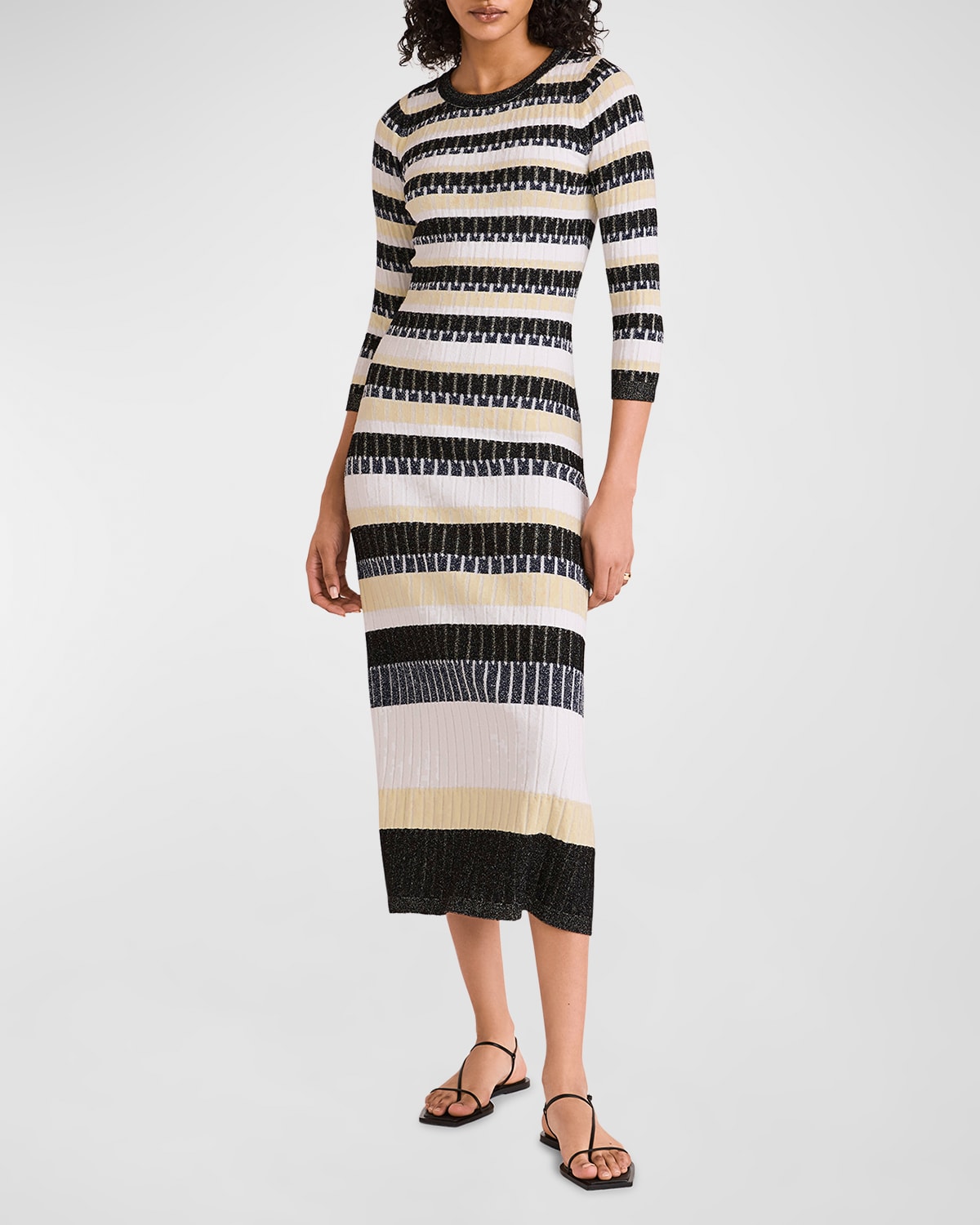 Shop Merlette Vali Striped 3/4-sleeve Ribbed Knit Midi Dress In Citron Multi