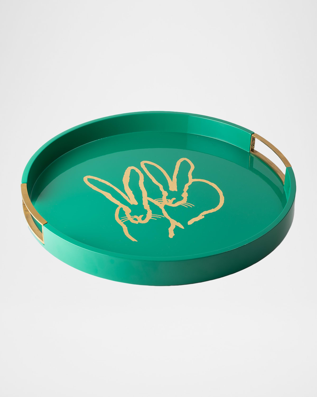 Hunt Slonem Bunny Lacquer Drinks Tray With Brass Handles In Green