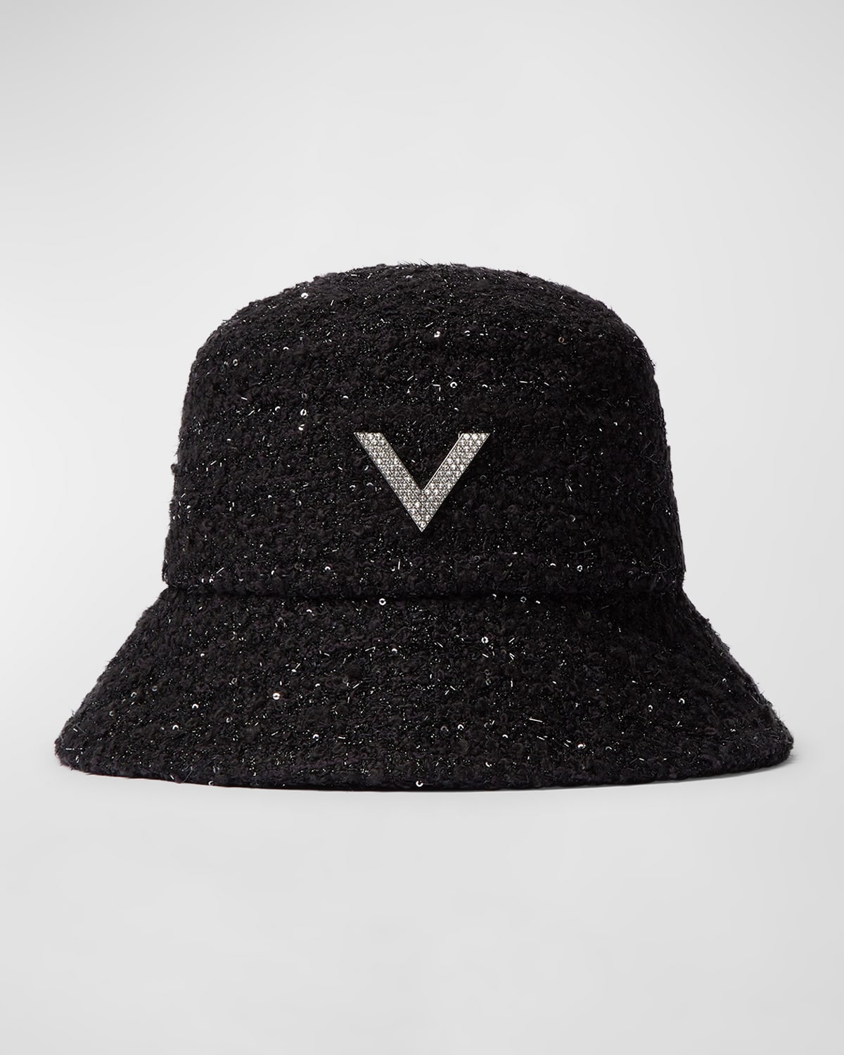Valentino Garavani Embellished V-logo Bucket Hat In Nero Lurex