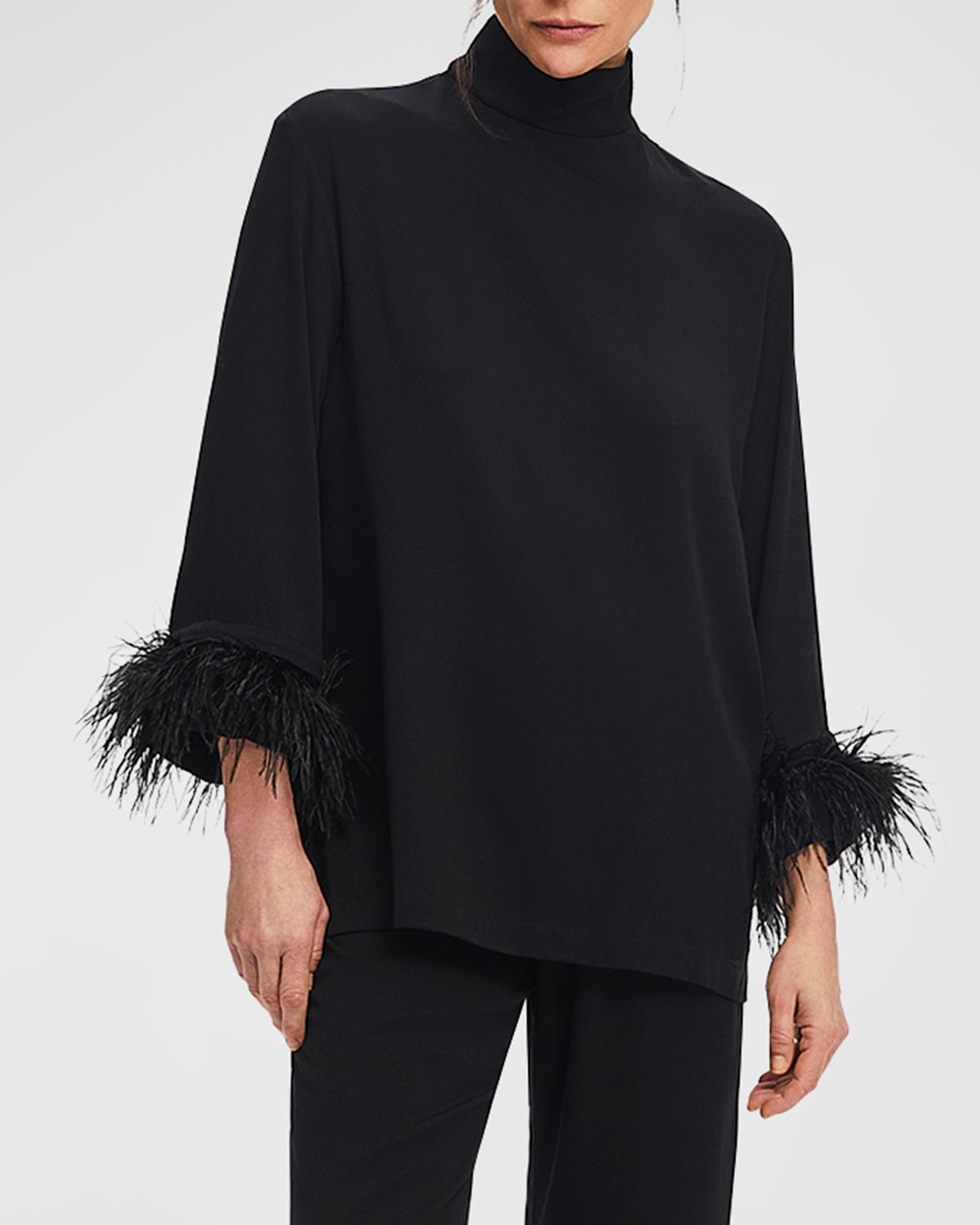 Sleeper Black Tie Cropped Feather-trim Pajama Set In Black