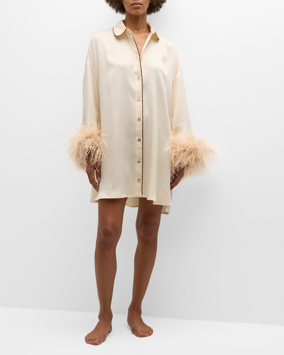 Sleeper Pastelle Oversized Feather-trim Shirtdress In Pearl
