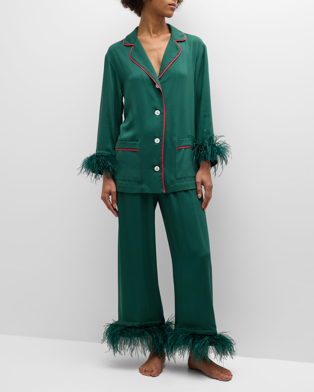 Shop Sleeper Party Feather-trim Cropped Pajama Set In Green