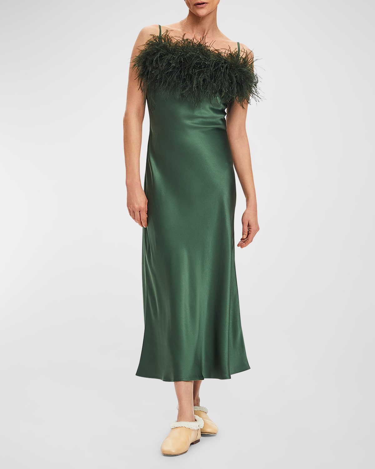 Sleeper Boheme Feather-trim Satin Midi Slip Dress In Green