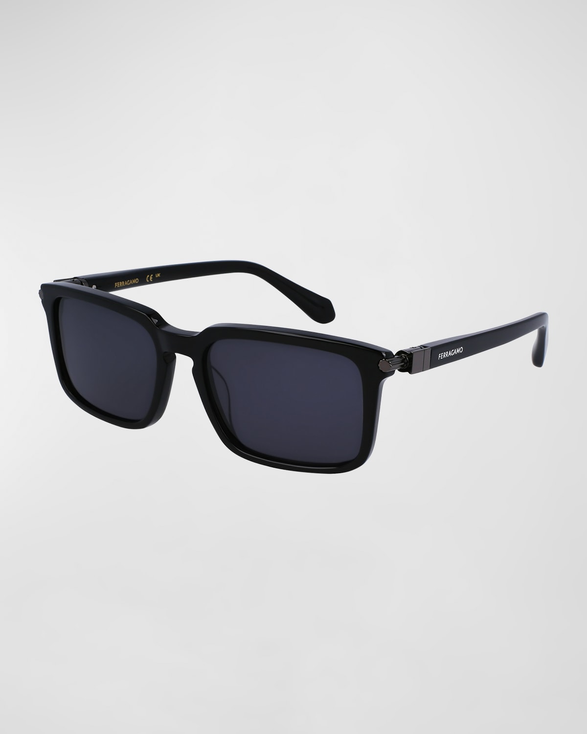 Shop Ferragamo Men's Gancini Evolution Acetate Rectangle Sunglasses In Black