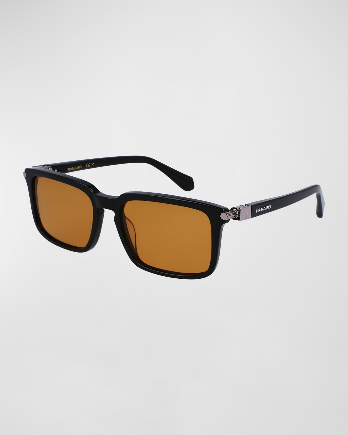Shop Ferragamo Men's Gancini Evolution Acetate Rectangle Sunglasses In Black/orange