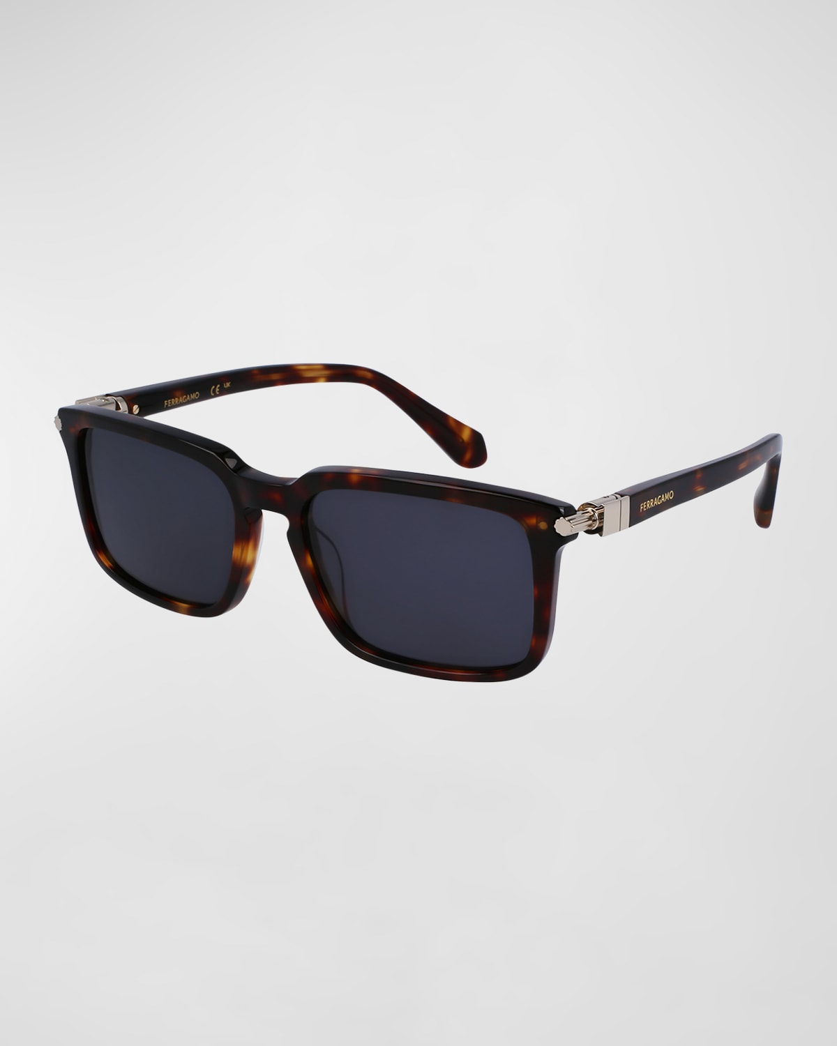 Shop Ferragamo Men's Gancini Evolution Acetate Rectangle Sunglasses In Dark Tortoise