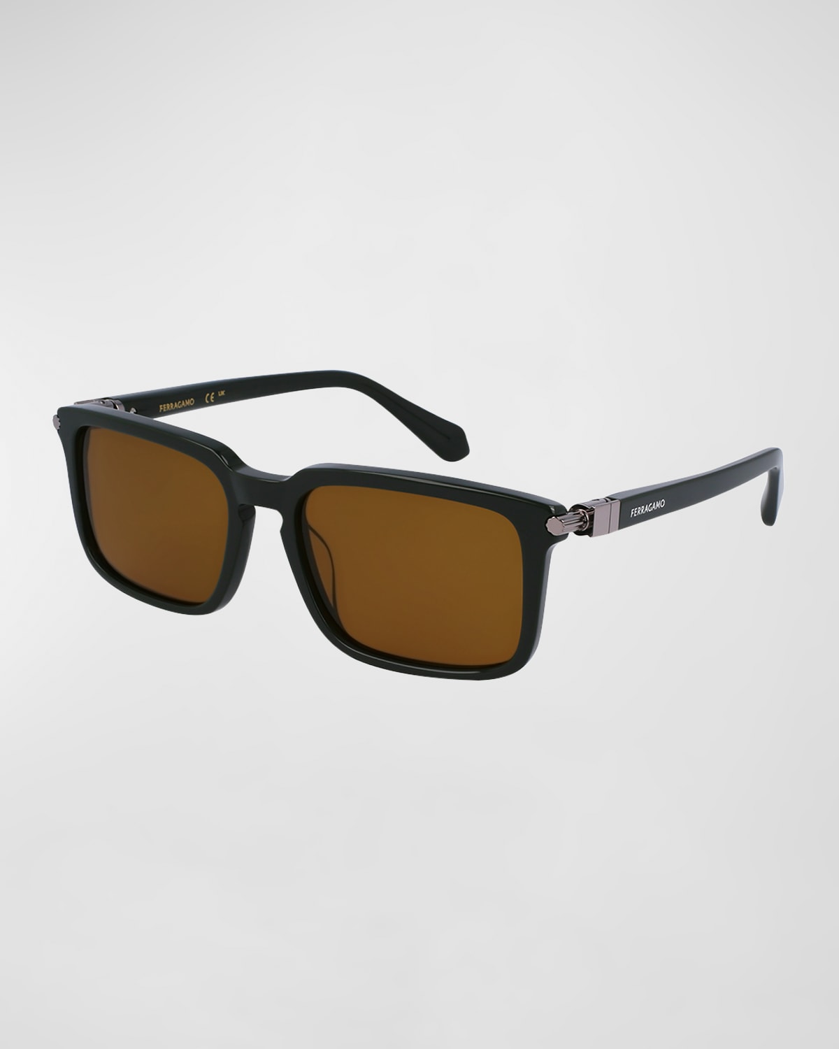 Shop Ferragamo Men's Gancini Evolution Acetate Rectangle Sunglasses In Dark Green