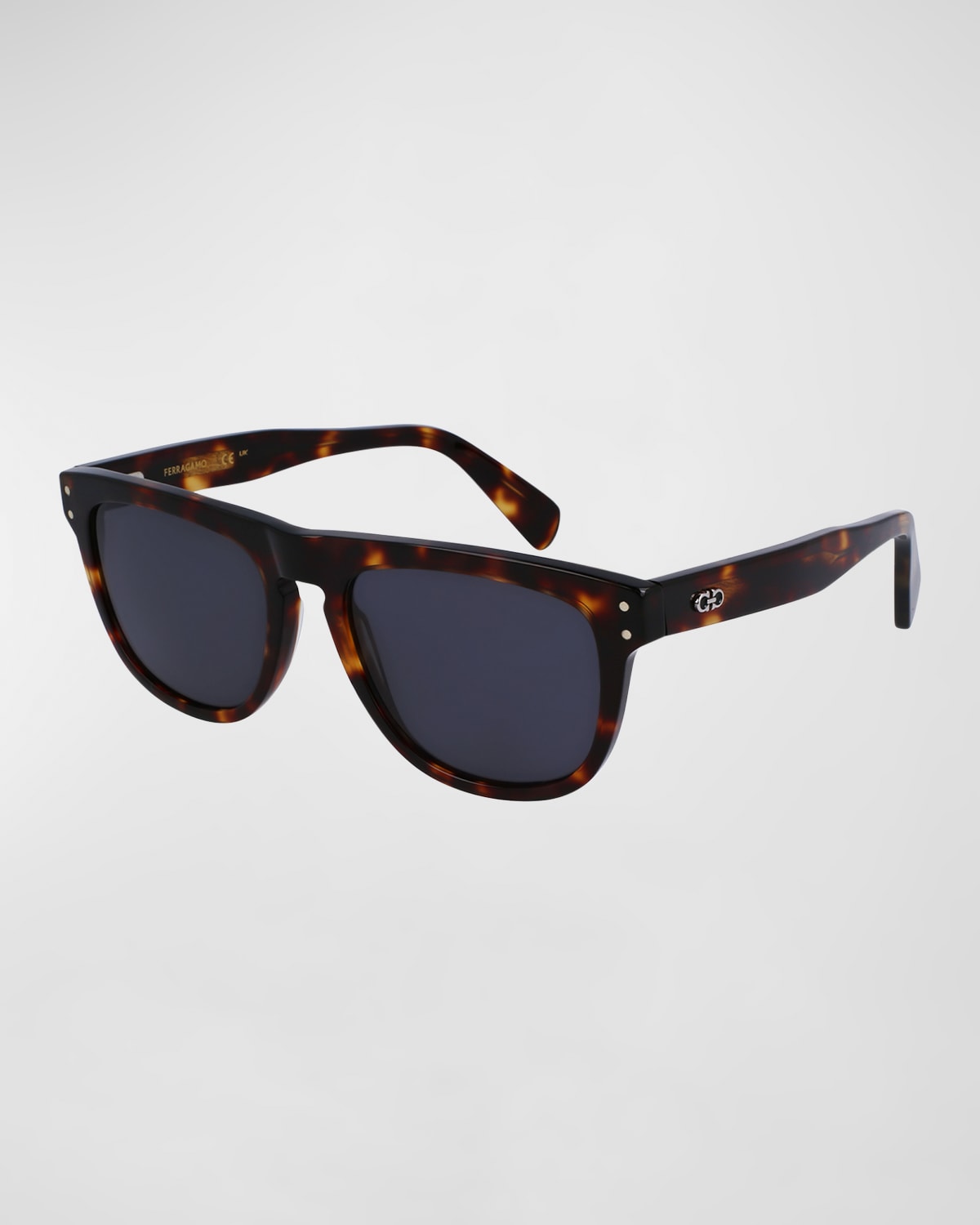 Ferragamo Men's Gancini Tea Cup Acetate Rectangle Sunglasses In Dark Tortoise